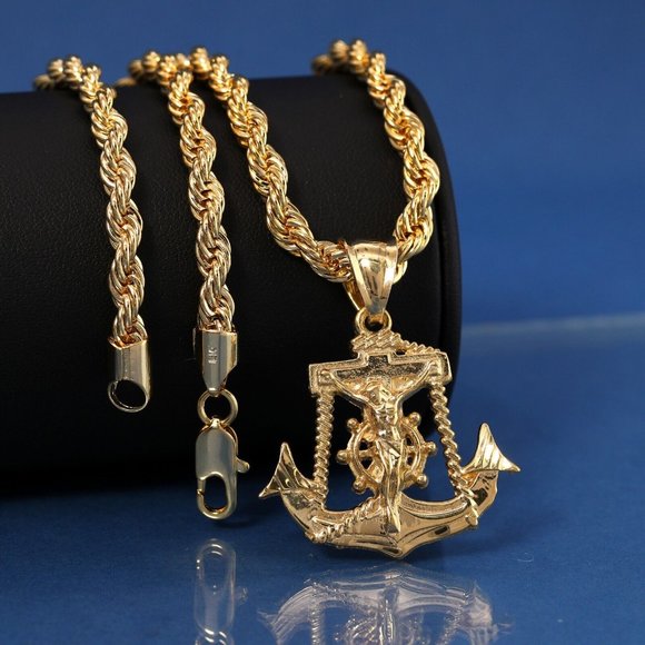 New 14k Gold Jesus Anchor Pendant + Necklace